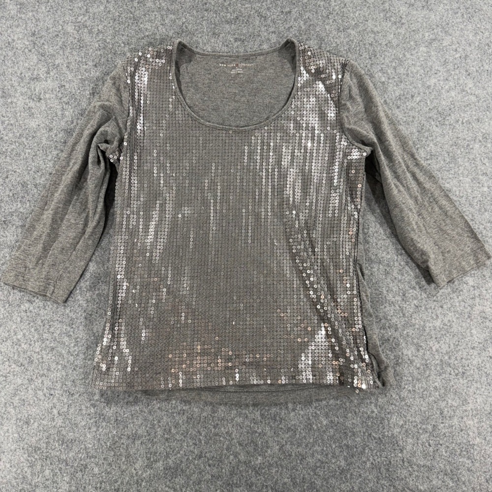 New York & Company Womens Gray Sequin Front 3/4 Sleeve Cotton Top Medium